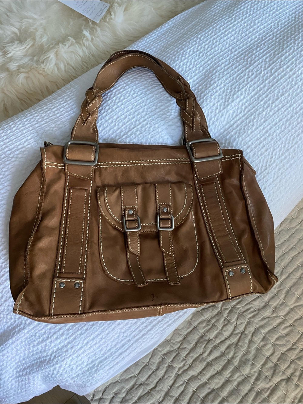 Fossil Tan White Stitching Softest Leather Shoulder Bag Large Satchel